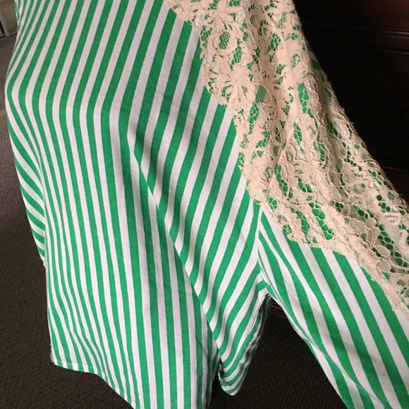 Zara Green White Long Sleeve Striped Top Lace Trim - Picture 2 of 7